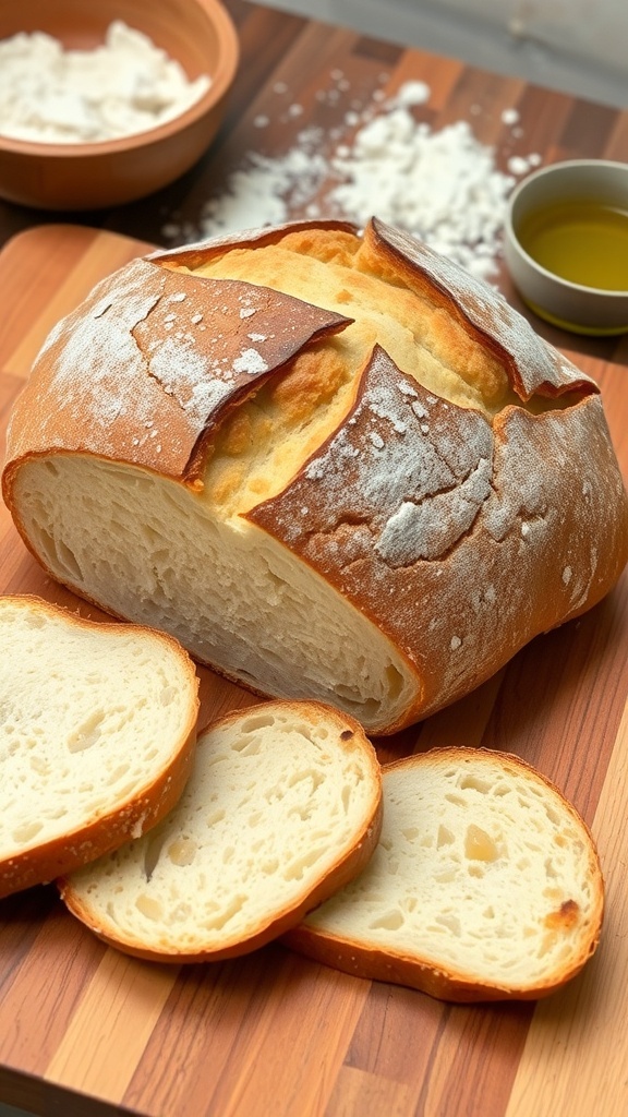 Easy No-Dutch Oven Sourdough Bread Recipe A golden-brown loaf of sourdough bread on a wooden board with slices cut, set in a rustic kitchen.